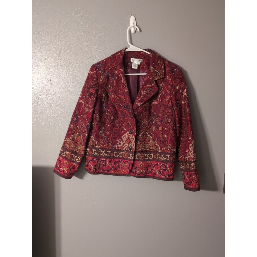 Coldwater Creek Petite Size PL Red Tapestry Button Up Lined Blazer